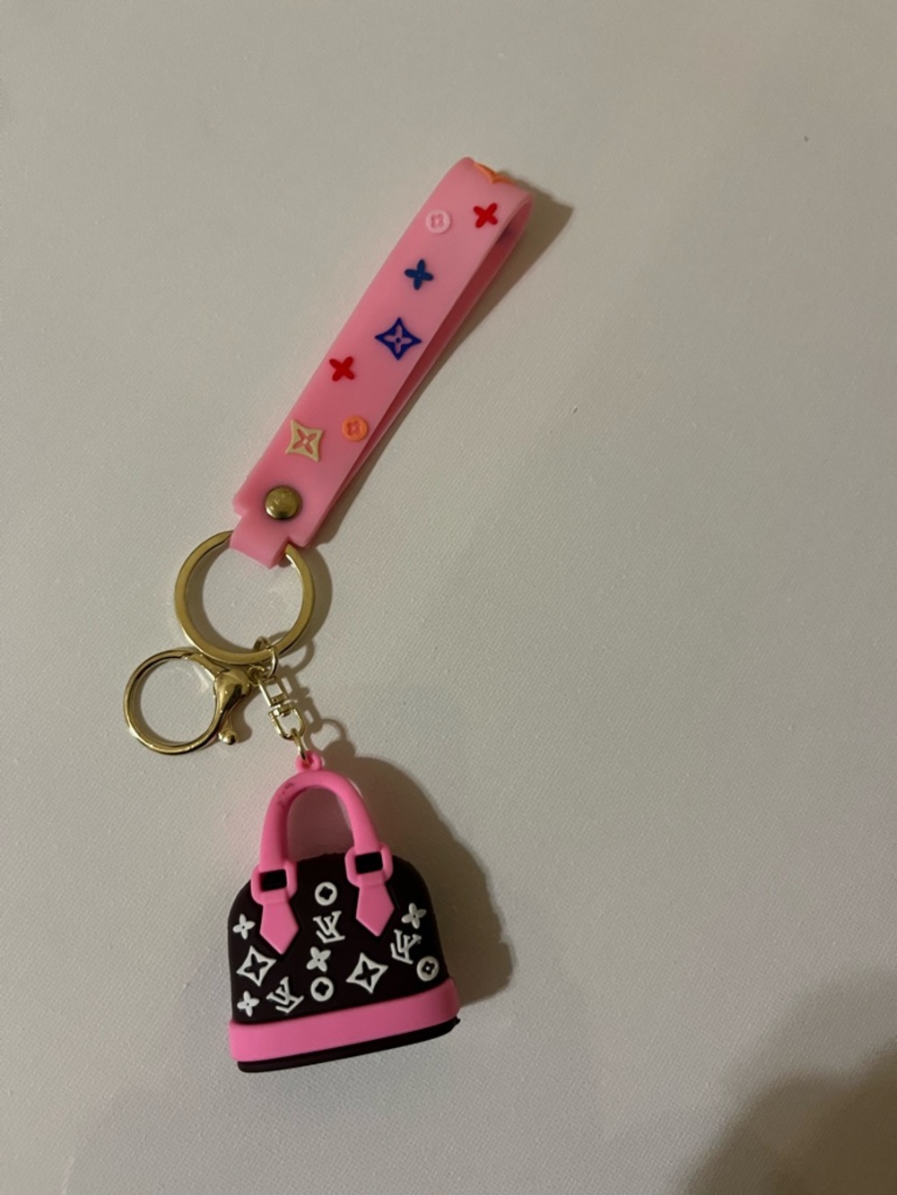 Designer Inspired Pink Strap Keychain with Brown Bag Charm NWOT